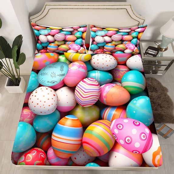 Erosebridal Easter Eggs Fitted Sheet Queen Size,3D Rainbow Eggs Bed Sheets Teens Youth Bedroom,Colorful Easter Decorations Sheets,Happy Easter Bedding Set with 2 Pillow Cases