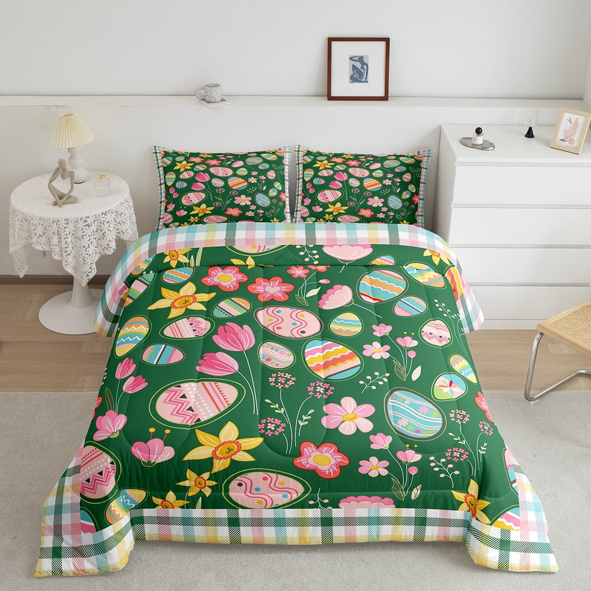 YST Easter King Size Comforter Set,Colorful Easter Eggs Bedding Set For