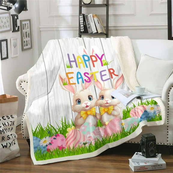 Erosebridal Easter Rabbit Throw Blanket Throw 50x60,Cute Bunnies Fuzzy Blanket,Easter Eggs Fleece Blanket,Pet Animals Sherpa Blanket Greetings and Presents for Easter Day