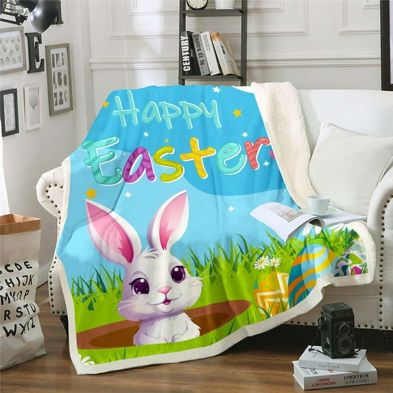 Easter Throw Blanket ,Cartoon Easter Bunny Fleece Blanket,Spring Easter Rabbit Eggs Sherpa Blanket Room Decor,Kawaii Greetings and Presents for Easter Day,Blue Throw 50x60