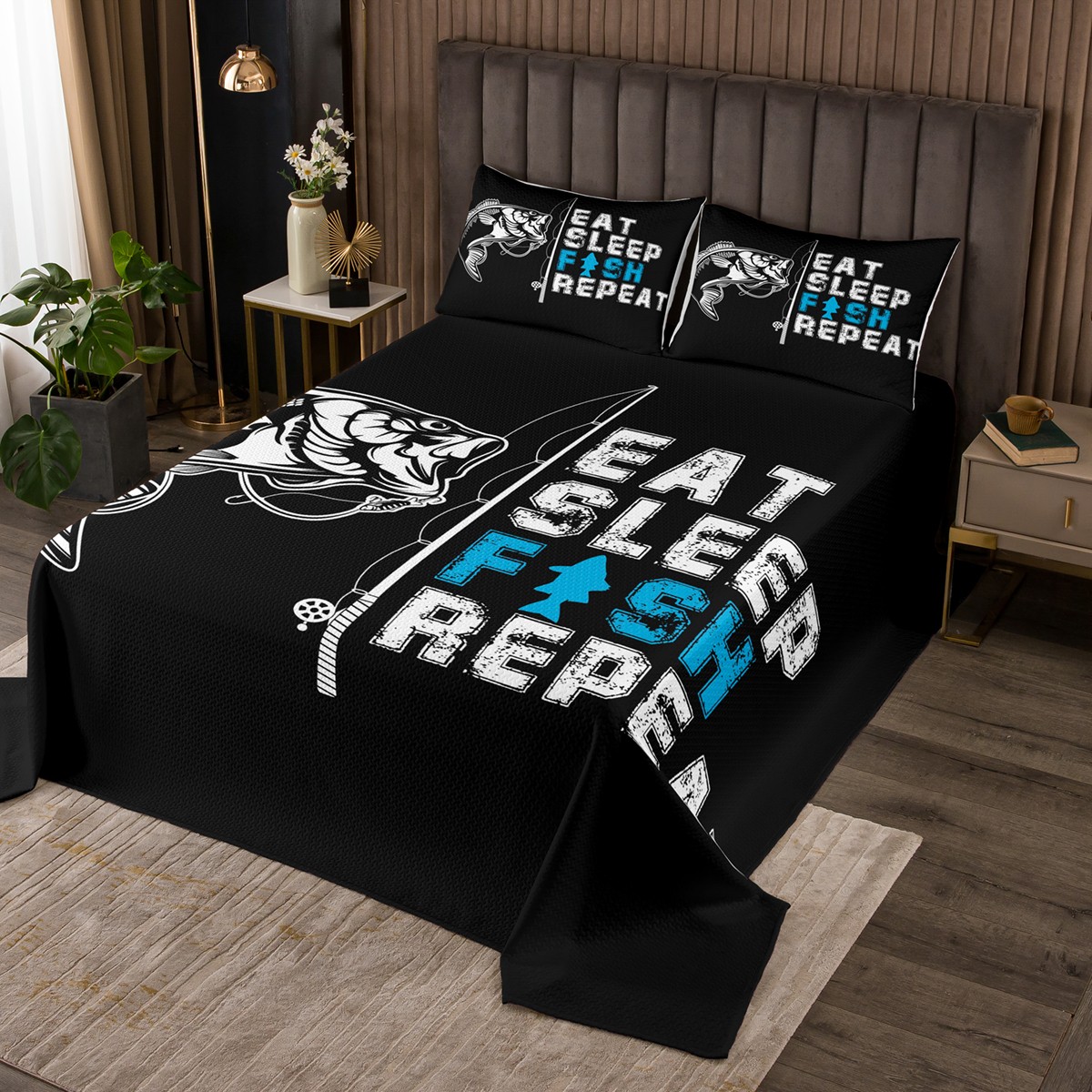 YST Eat Sleep Fish Quilt Set for Men Adult,Big Bass Fish Coverlet Set