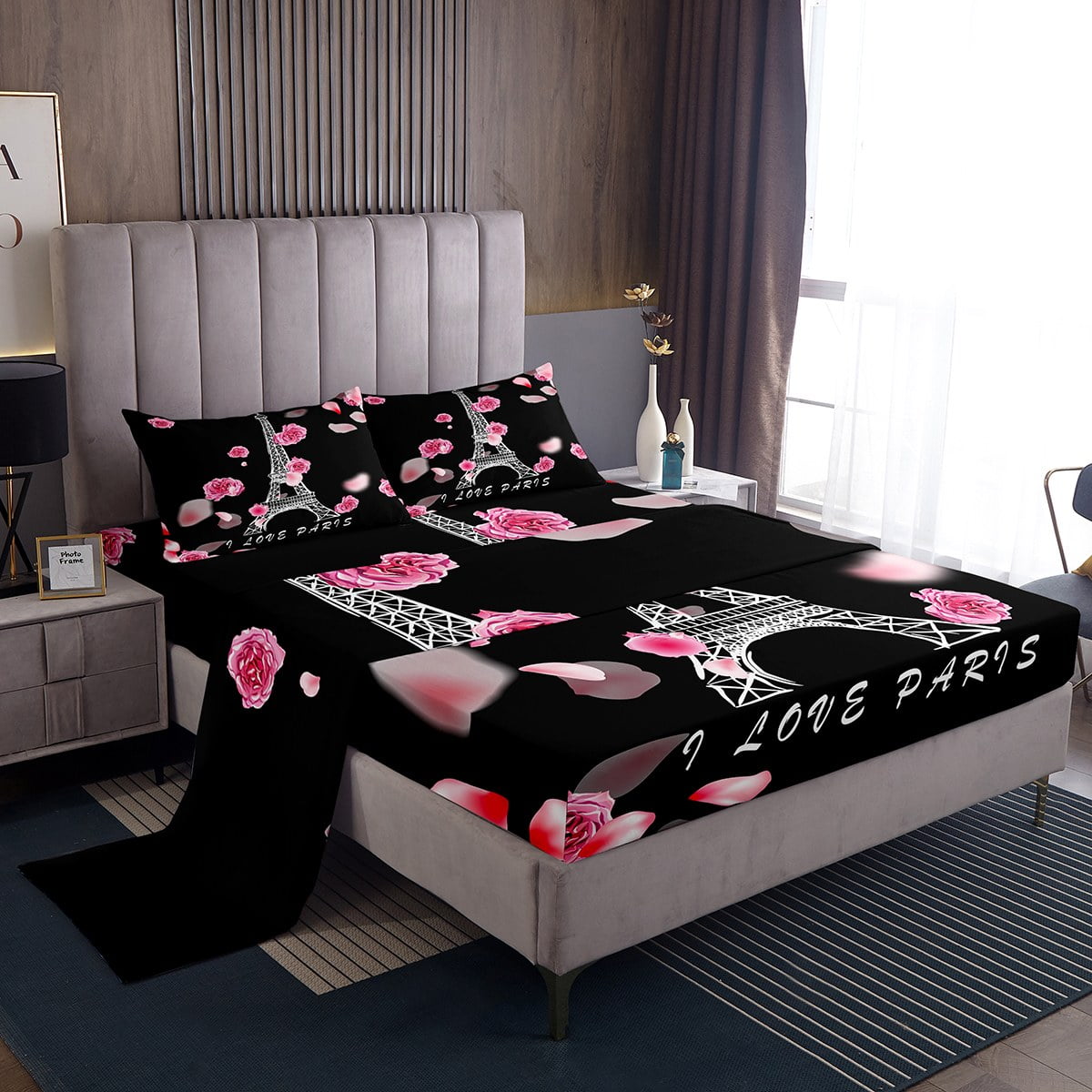YST Eiffel Tower Bed Set Chic Pink Rose Bed Sheets Set for Girls
