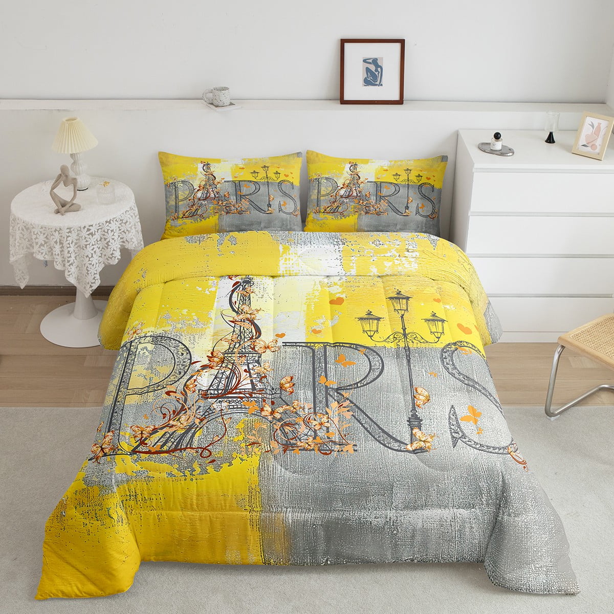 YST Eiffel Tower Bedding Full Grey Yellow Comforter Set, Grunge Ombre