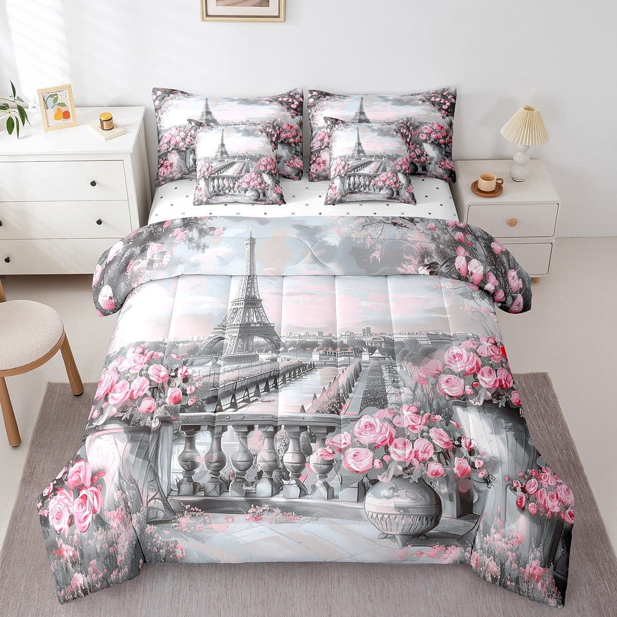 Eiffel Tower Bedding Set Twin 7 Piece Bed In A Bag, Paris French Style Comforter Set Pink Flower ...