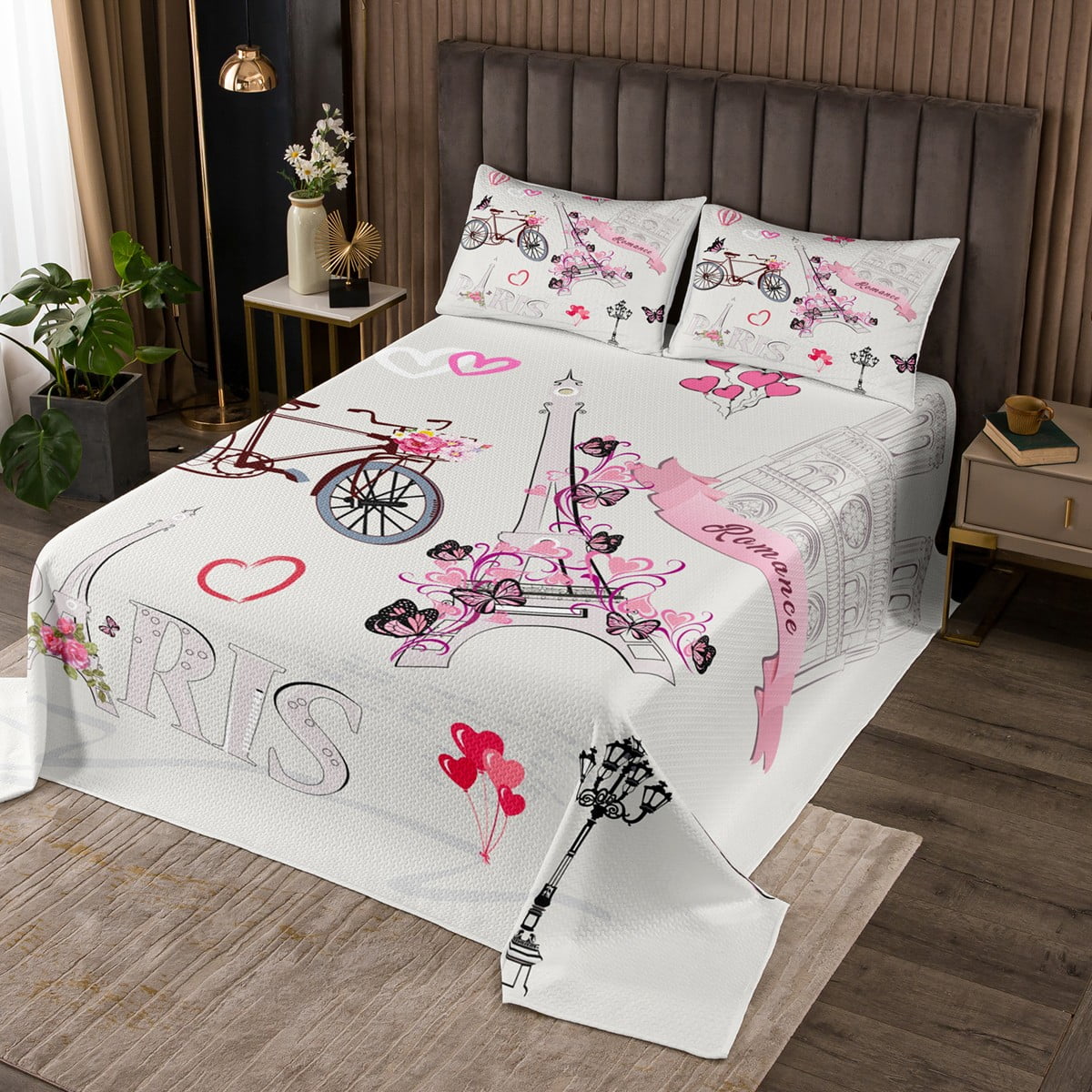 YST Eiffel Tower Bedspread Set Couple Roamce Theme Coverlet Set King