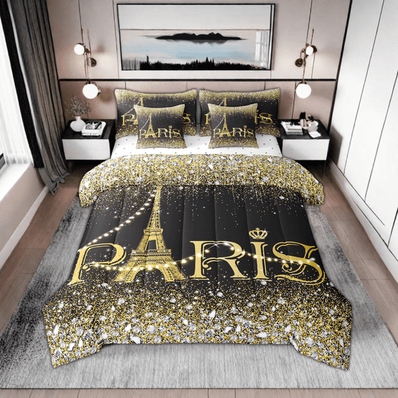 Erosebridal Eiffel Tower Comforter 7 Piece Queen,Watercolor Black Golden Paris Bed in A Bag,(Not Real)Bling Bling Sparkles Diamond Reversible Bed Sets with Sheet Set