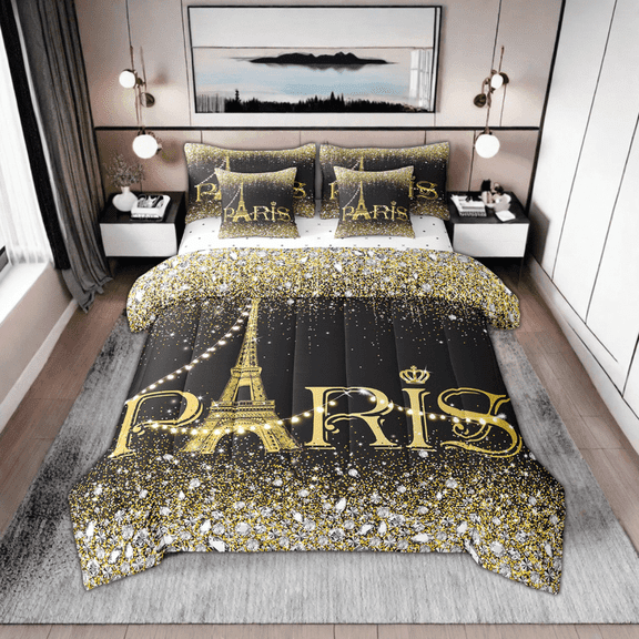 Erosebridal Eiffel Tower Comforter 7 Piece Queen,Watercolor Black Golden Paris Bed in A Bag,(Not Real)Bling Bling Sparkles Diamond Reversible Bed Sets with Sheet Set