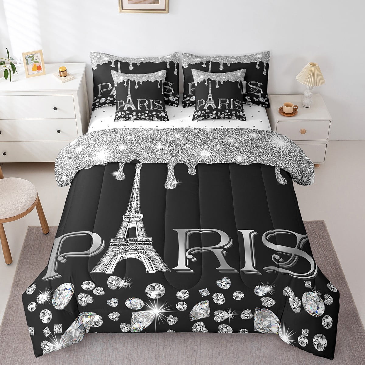 YST Eiffel Tower Comforter Full 7 Piece,(Not Real)Black and White Bling
