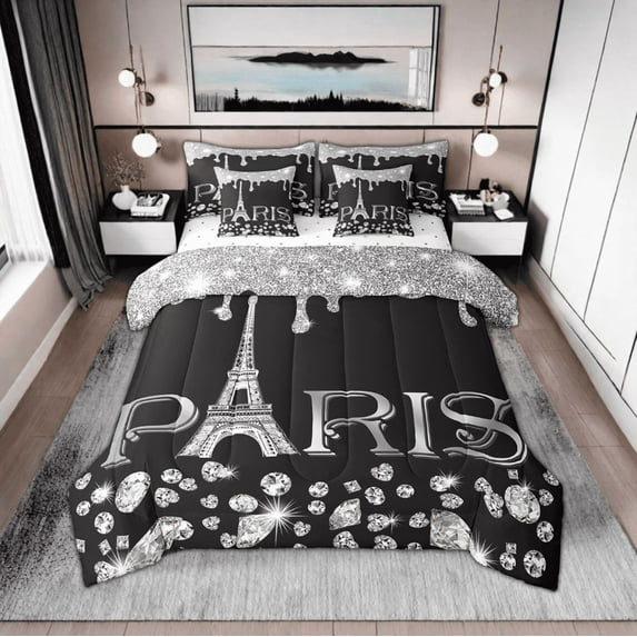 Eiffel Tower Comforter Queen 7 Piece,(Not Real)Black and White Bling Bling Sparkles Bed in A Bag,Gradient Diamond Bedding Sets,Girly Sequins Reversible Bed Sets with Sheet Set