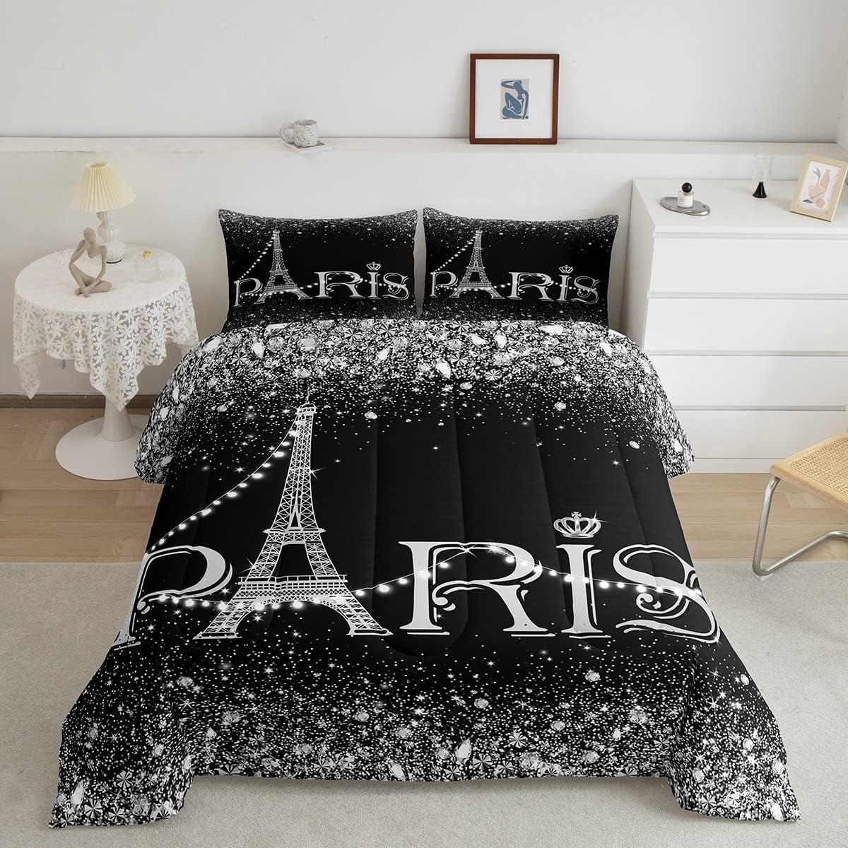 YST Eiffel Tower Comforter Set for Girls,Black White Romantic Paris