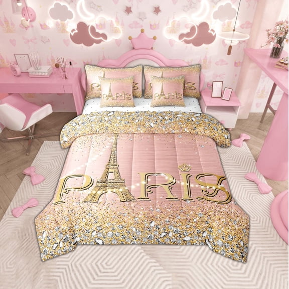 Eiffel Tower Comforter Set ,Pink Golden Romantic Paris Bed in A Bag King,(Not Real)Diamond Bedding Sets,Sparkles Sequins Reversible Bed Sets with Sheet Set Bedroom Decor