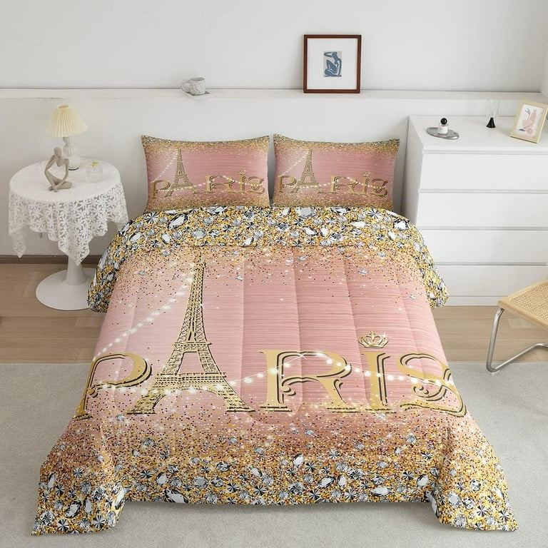 YST Eiffel Tower Comforter Set for Girls,Pink Golden Romantic