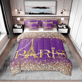 thumbnail image 1 of Eiffel Tower Comforter Set King Women,Glitter Purple Golden Sequins Bed in A Bag,(Not Real)Diamond Bedding Sets,Girly Paris Reversible Bed Sets with Sheet Set, 1 of 4