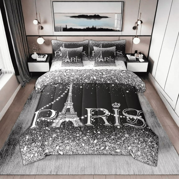 Eiffel Tower Comforter Set King Size 7 Pcs,Romantic Paris Tower Bed in A Bag for Teens Adult,(Not Real)Diamond Sequins Valentines Reversible Bed Sets with Sheet Set