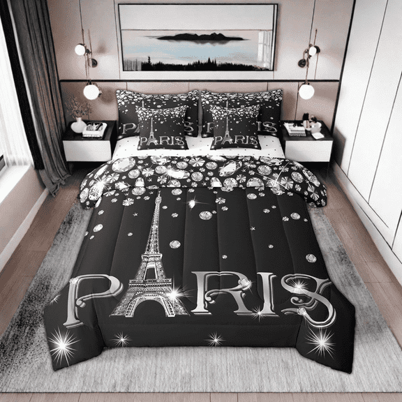 Eiffel Tower Comforter Set Queen,Paris Bedding Set for Women,Black and White Romantic Tower 7 Piece(1 Comforter,2 Pillowcases,1 Flat Sheet,1 Fitted Sheet,2 Throw Pillow Covers)