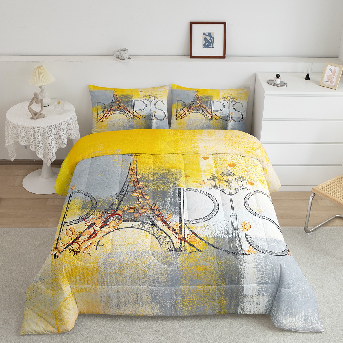 YST Eiffel Tower Comforter Twin Grey Yellow Bedding Set, Grunge Ombre