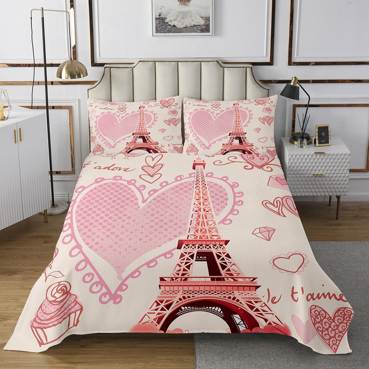 Paris Butterflies & Eiffel Tower Coverlet Bedspread Set - Twin/Twin XL, Beige Black Turquoise Pink