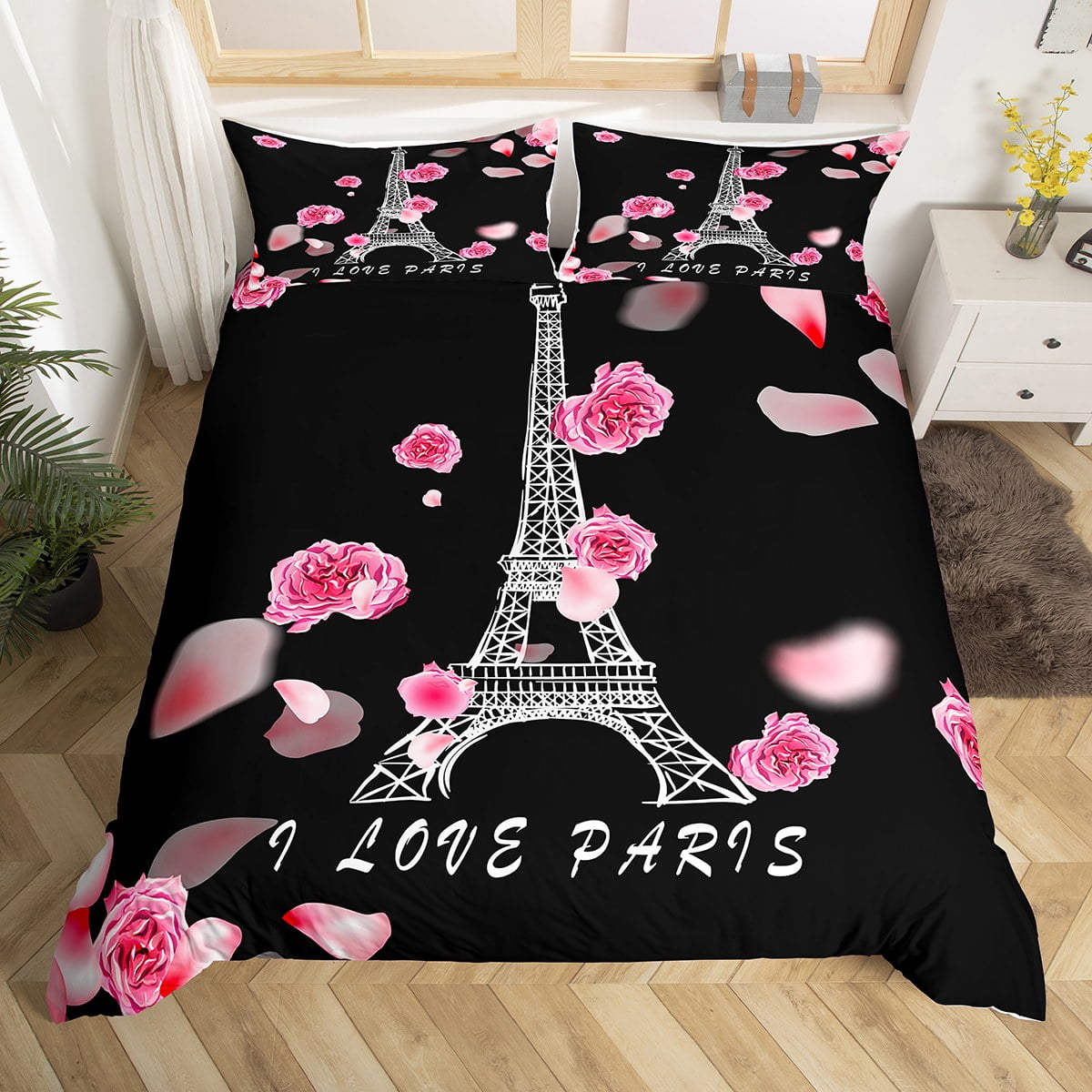 YST Eiffel Tower Duvet Cover Twin Chic Pink Rose Bedding Set for Girls