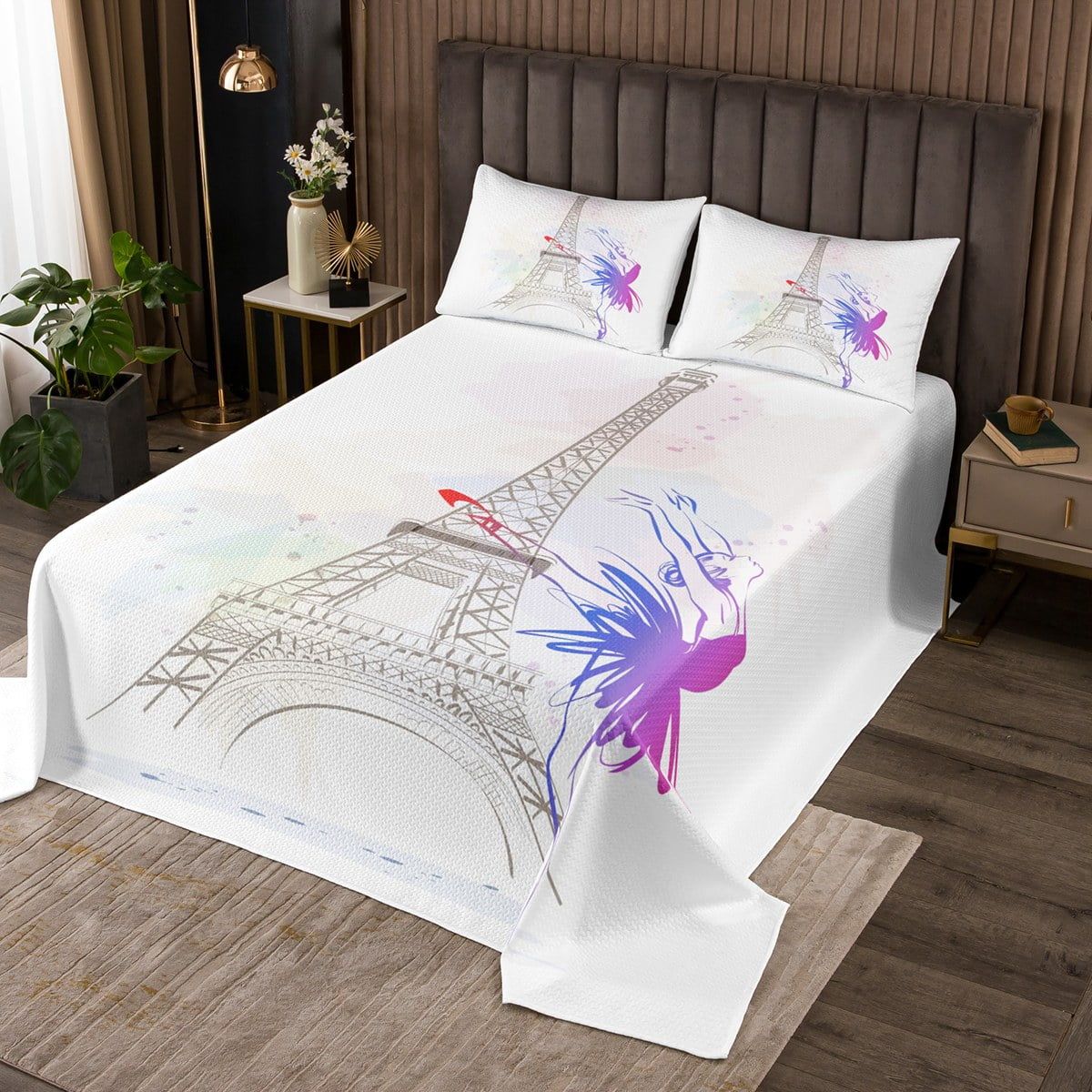 Eiffel Tower Floral Pattern Print Bed Set Quilt