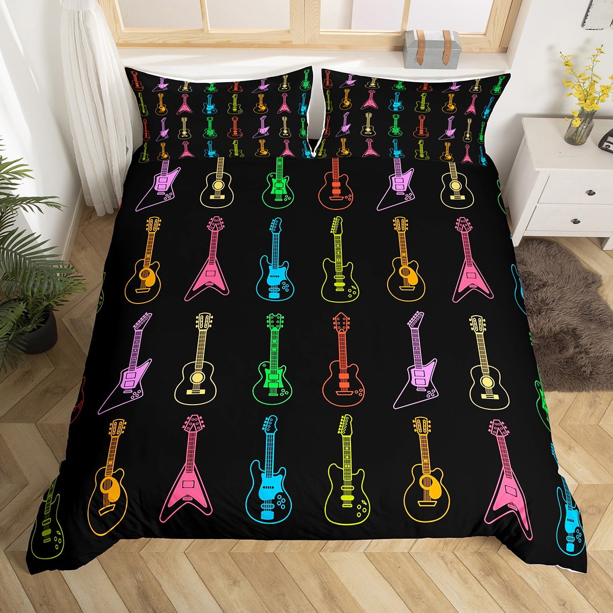 YST Electric Guitar Bedding Sets Twin Neon Glowing Guitars Comforter