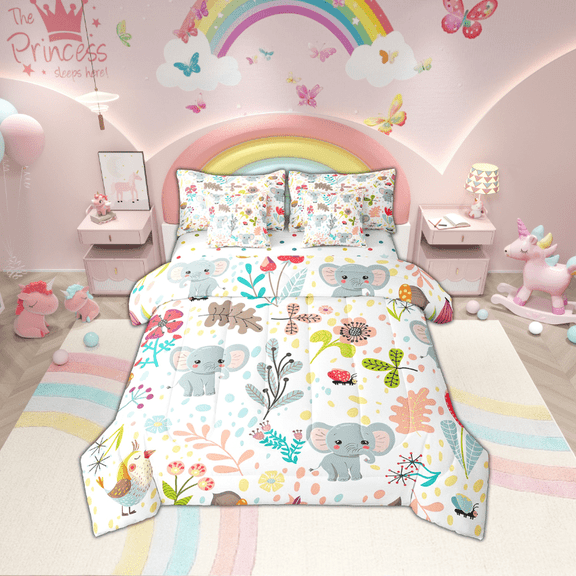 Elephant Bed In A Bag 7 Piece Full Cute Flower Elephant Comforter Set With Sheets Room,Cartoon Zoo Animal Bedding Set,Jungle Woodland Leaf Wildlife Bed Set