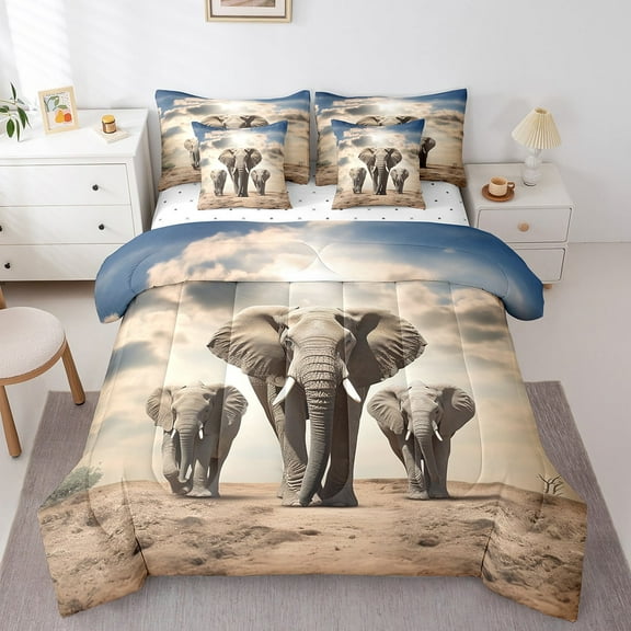 Elephant Comforter Set King Size 7 Piece,Elephant Family Bedding Set With Sheets African Safari Animal Bed In A Bag With Pillow Cases And Covers,Reversible