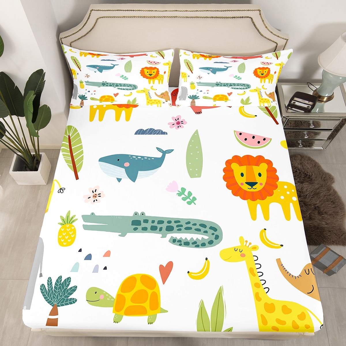 Erosebridal Elephant Giraffe Lions Fitted Sheet Twin Size,Wild Animals Kids Bed Sheets 2Pcs for Boys Girls Cartoon Cute Pattern Sheets with 1 Pillowcase,Soft and Lightweight,for All Seasons