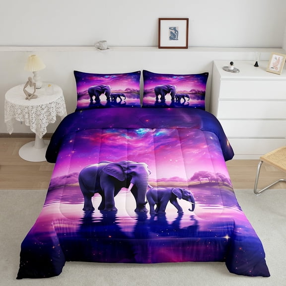 Elephants King Size Comforter Set, 3D Wildlife Galaxy Bedding Sets, Animals Woodland Room Decor Comforter For Bedroom, Pink Purple Starry Sky Teens Lightweight Down Comforter