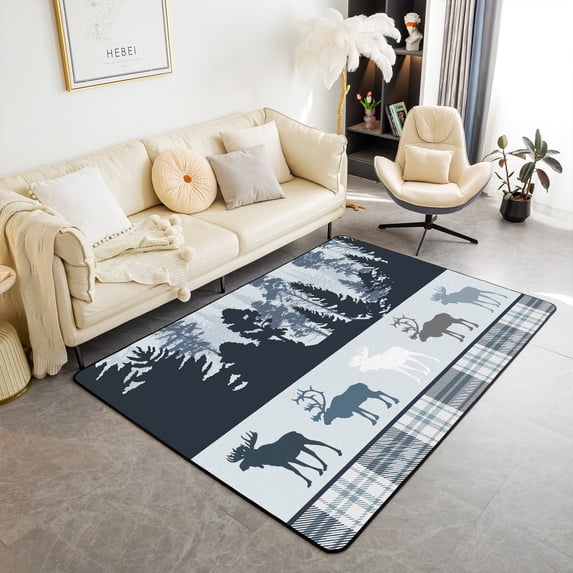 Erosebridal Elk Deer Area Rug 3x5 Blue Checkered Buffalo Plaid Rug,Christmas Moose Reindeer Non Slip Washable Carpet For Bedside Rustic Pine Trees Woodland Animals Grid Lattice Farmhouse Decor
