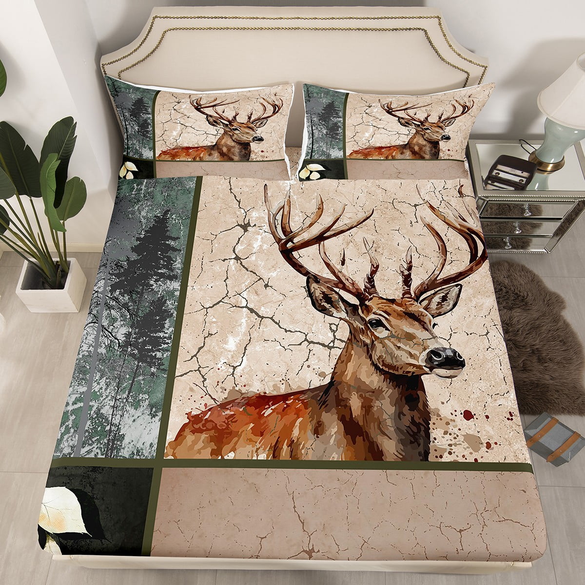 YST Elk Deer Fitted Sheet Vintage Pine Trees Queen Bed Sheets for Girls
