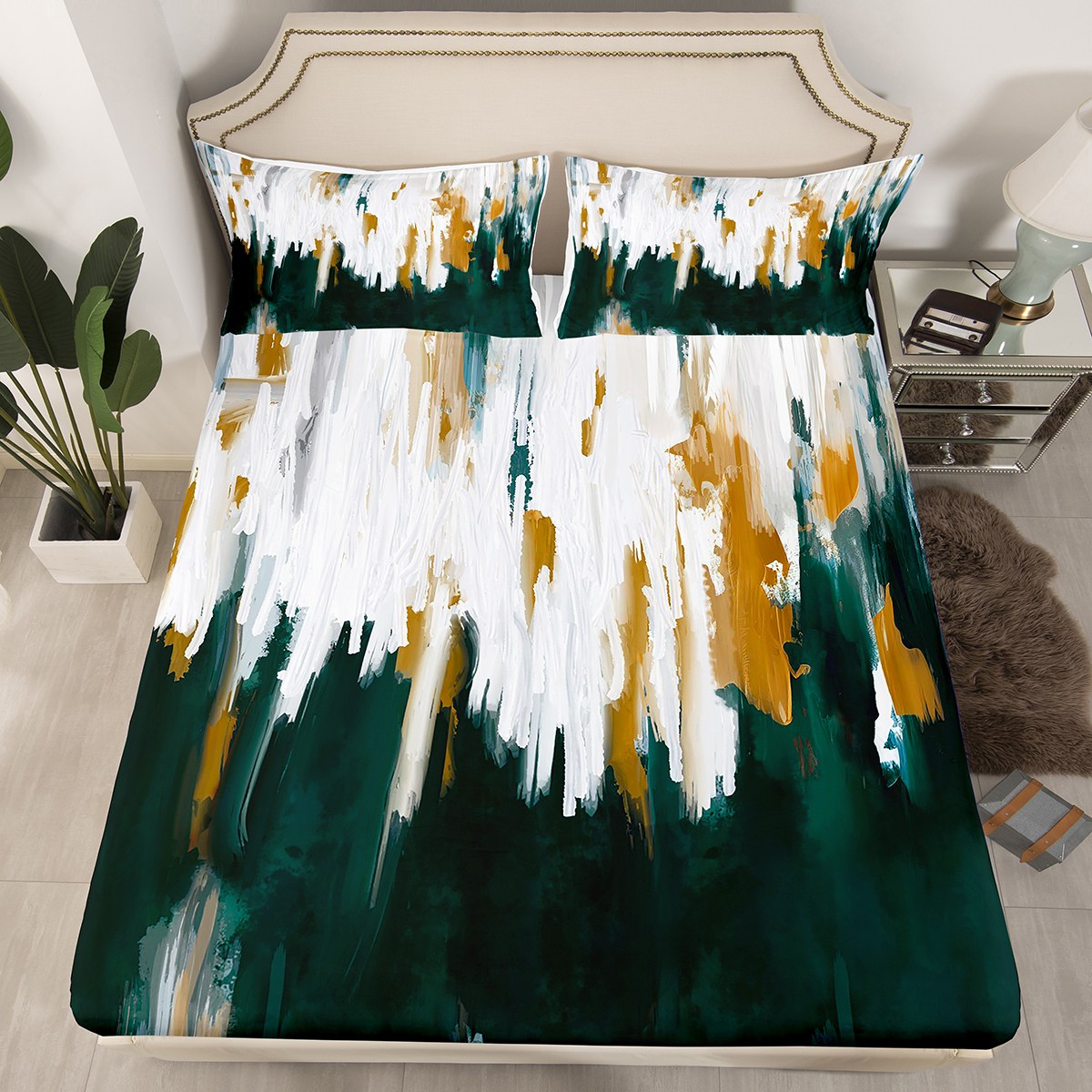 YST Emerald Green Bed Sheets Watercolor Graffiti Fitted Sheet Twin Size