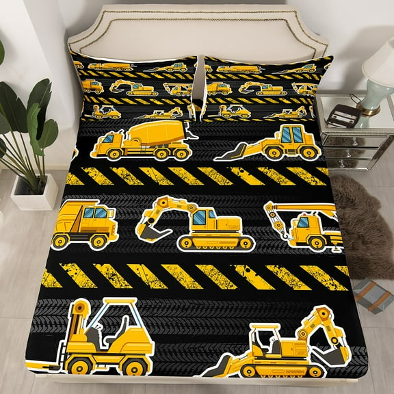 Excavator Bedding Set ,Construction Truck Fitted Sheet Full Size Bedroom Decor,Crane Bulldozer Tractor Bed Sheets,Cartoon Vehicle Cars Bed Set 3Pcs