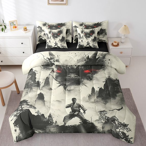 Exotic Ink Painting Dragon 7 Piece Bed In A Bag Chinese Samurai Comforter Set Queen,Watercolor Mountain Trees Animal Bedding Set Oriental Wildlife Bedding Comforter Sets