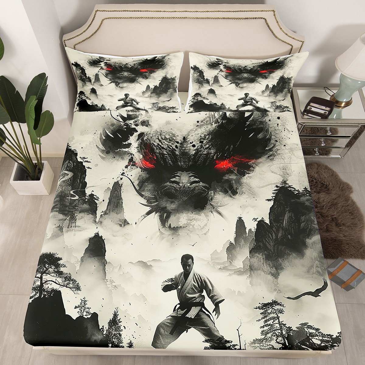 YST Exotic Ink Painting Dragon Bedding Sheets Chinese Samurai Boys