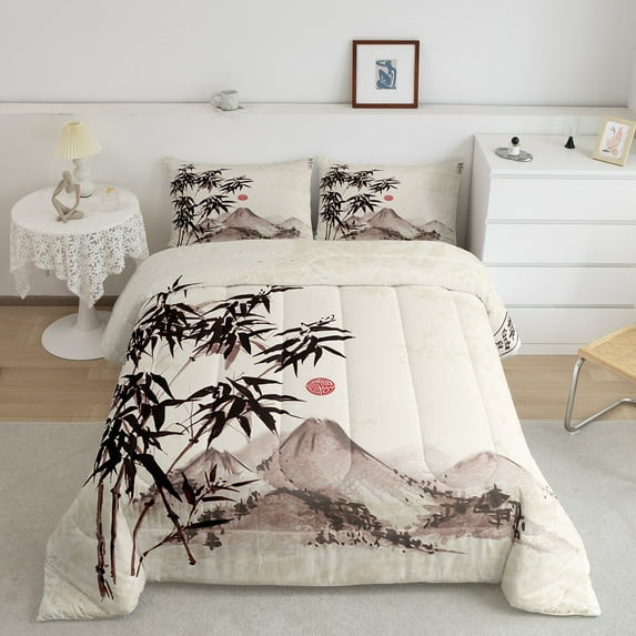 Exotic Oriental Comforter Twin Japanese-Style Bedding Set, Mount Fuji Down Comforter Ink Painting Bed Set, Botanical Plants Bamboo Quilted Duvet Vintage Room Decor 2pcs