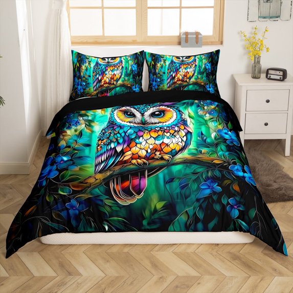Exotic Owl Comforter Cover,Animal Pattern Bedding Set Jungle Wildlife Bird Twin Duvet Cover Blue Flower Green Leaves Bedspread Cover 1 Pillow Case