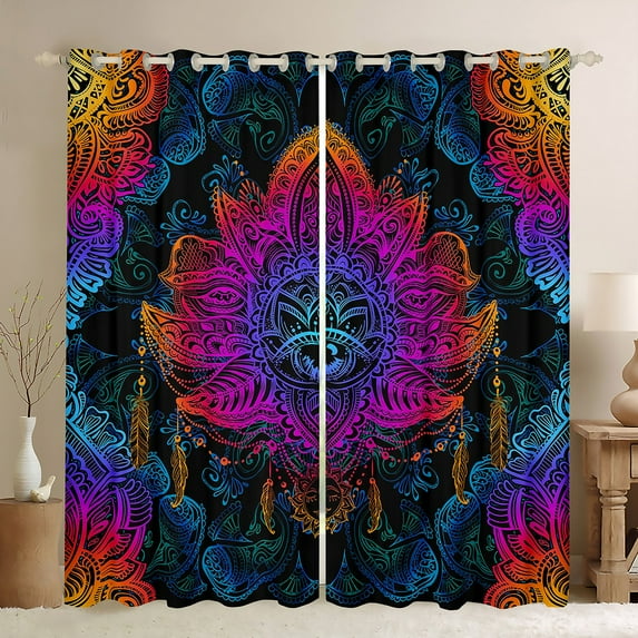 YST Exotic Tribal Curtains Hippie Lotus Blackout Curtains, Gradiet Paisley Curtains & Drapes Indian Hamsa Fatima Bedroom Curtains, Bohemian Mandala Floral Window Treatments Black