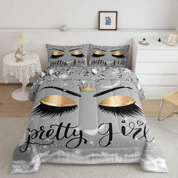 Eyelash Comforter Set Twin Size, Girly Unicorn Eyelash Bedding Women, Elegant Glittering Down Comforter Bling Diomand Crown Duvet Insert with 1 Pillow Case Bedroom Decor, Grey