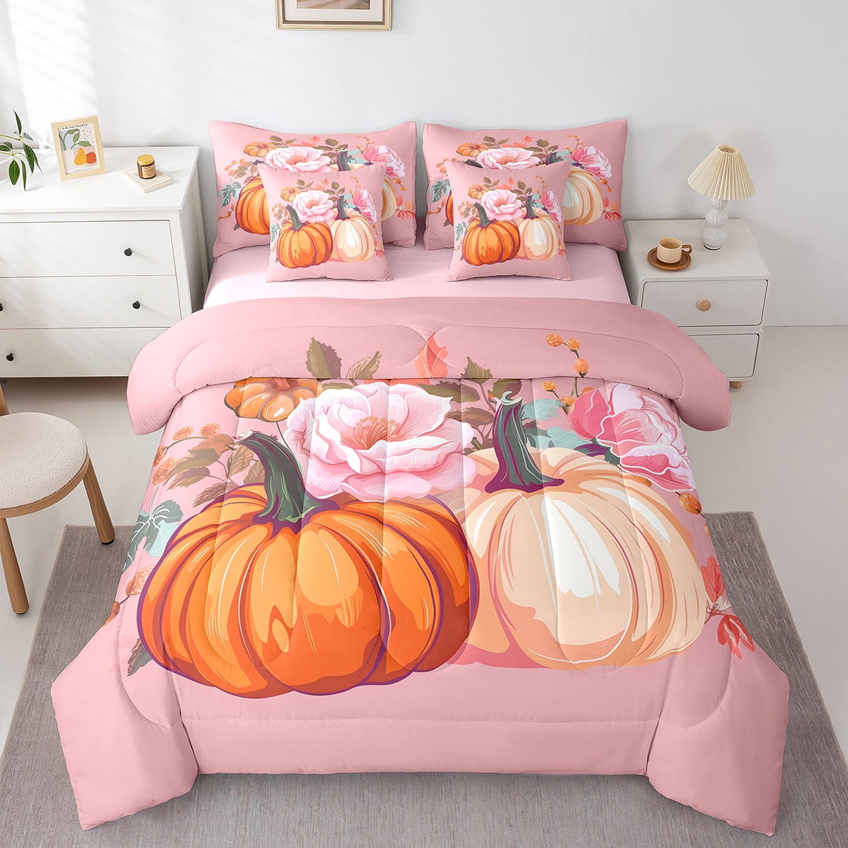 YST Fall Bedding Sets For Girls 7 Piece King Rose Pumpkin Bed In A Bag ...