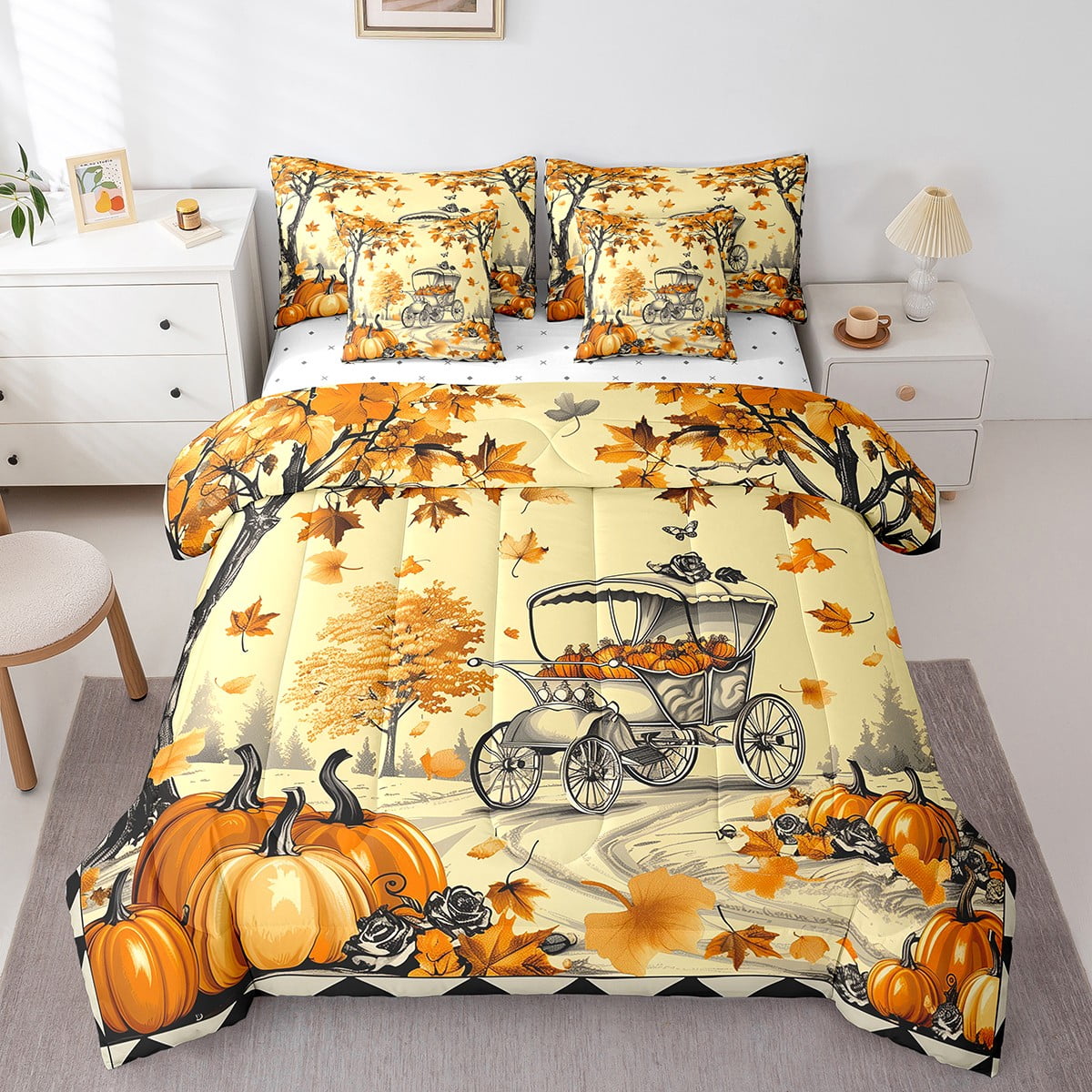 YST Fall Decor Bed in a Bag 7 Pieces Autumn Pumpkin Bedding Set