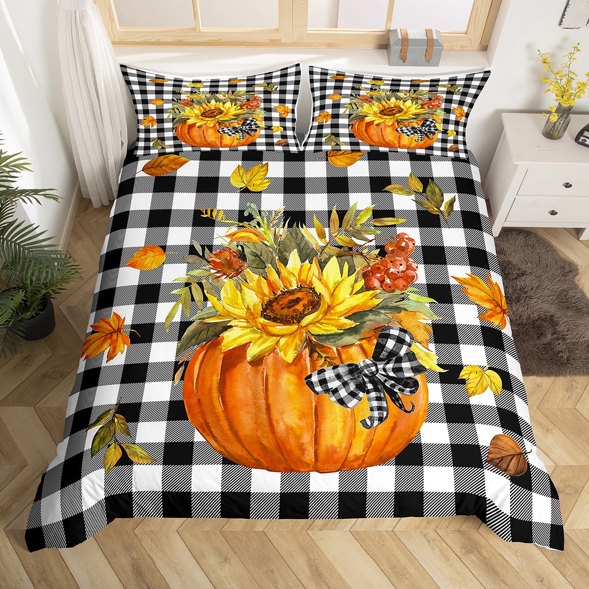 YST Fall Plaid Pumpkin Comforter Cover King Rustic Black White Buffalo