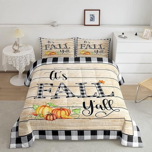 YST Fall Pumpkin Comforter Set Toddler Size,Halloween Geometric Plaid Bedding Set for Kids Girls Woman Room Decor,Rustic Farmhouse Plaid Quilt Set Vintage Duvet Insert