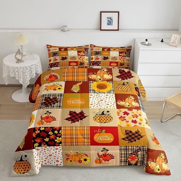 Fall Pumpkin Grid Comforter Set Rustic Farmhouse Maple Leaf Sunflower Bedding Set Thanksgiving Turkey Quilt Set Adult Room Decor Vintage Brown Yellow Duvet Insert