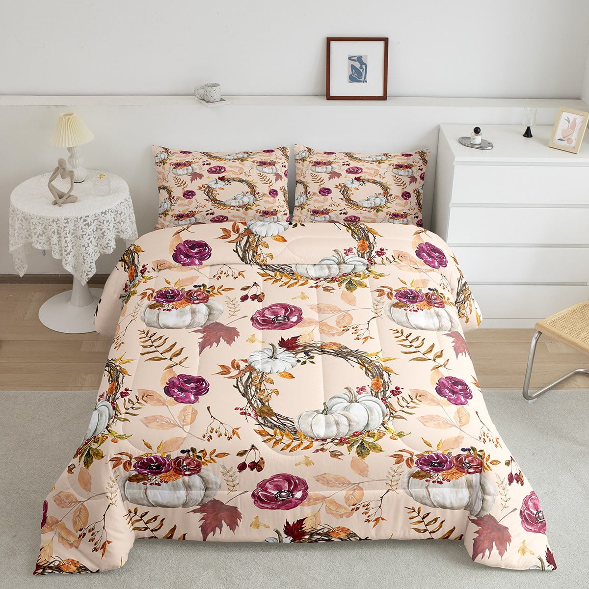 YST Fall White Pumpkins Bedding Set For Kids Adults Queen Thanksgiving