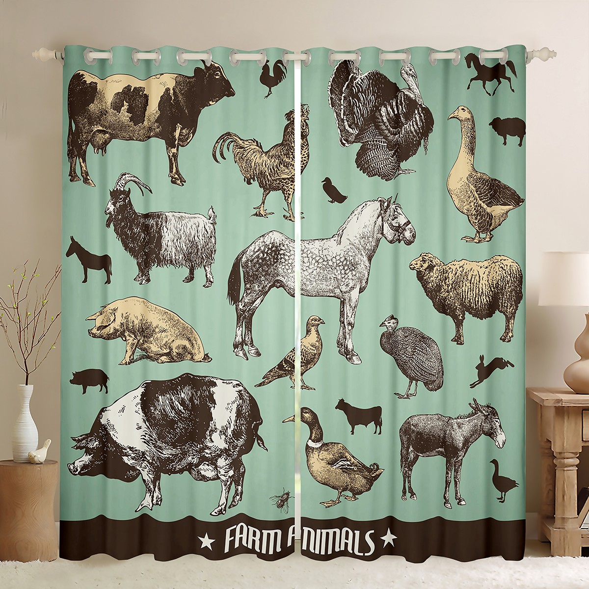 YST Farm Animal Curtains Black Green Curtains & Drapes, Horse Highland