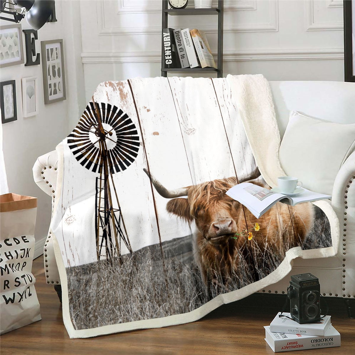 YST Farm Animal Fleece Blanket Cattle Daisy Flowers Fuzzy Blanket for