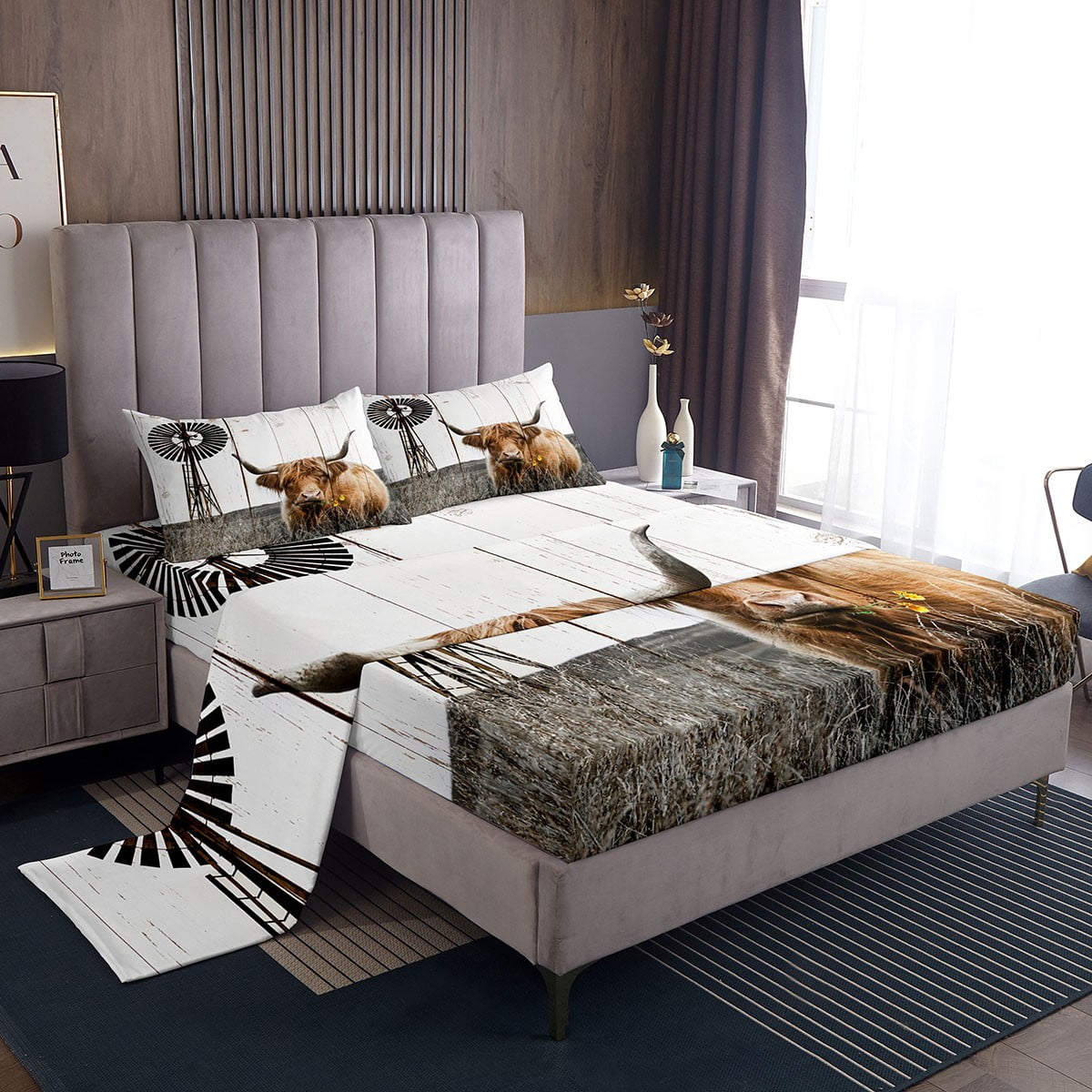 YST Farm Animal Sheet Set Cattle Daisy Flowers Sheets for Girls Boys Windmill Vintage Decor Bed