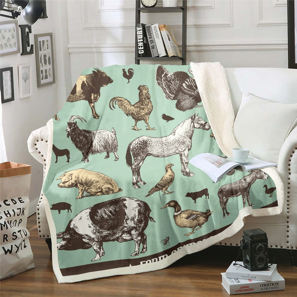 YST Farm Animal Throw Blanket for Couch Black Green Sherpa Blanket