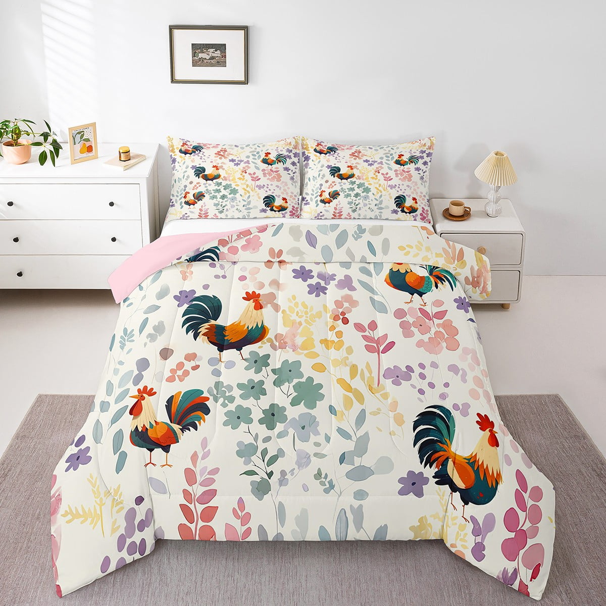 YST Farm Chicken Full Comforter Set,Colorful Floral Chicken Rooster
