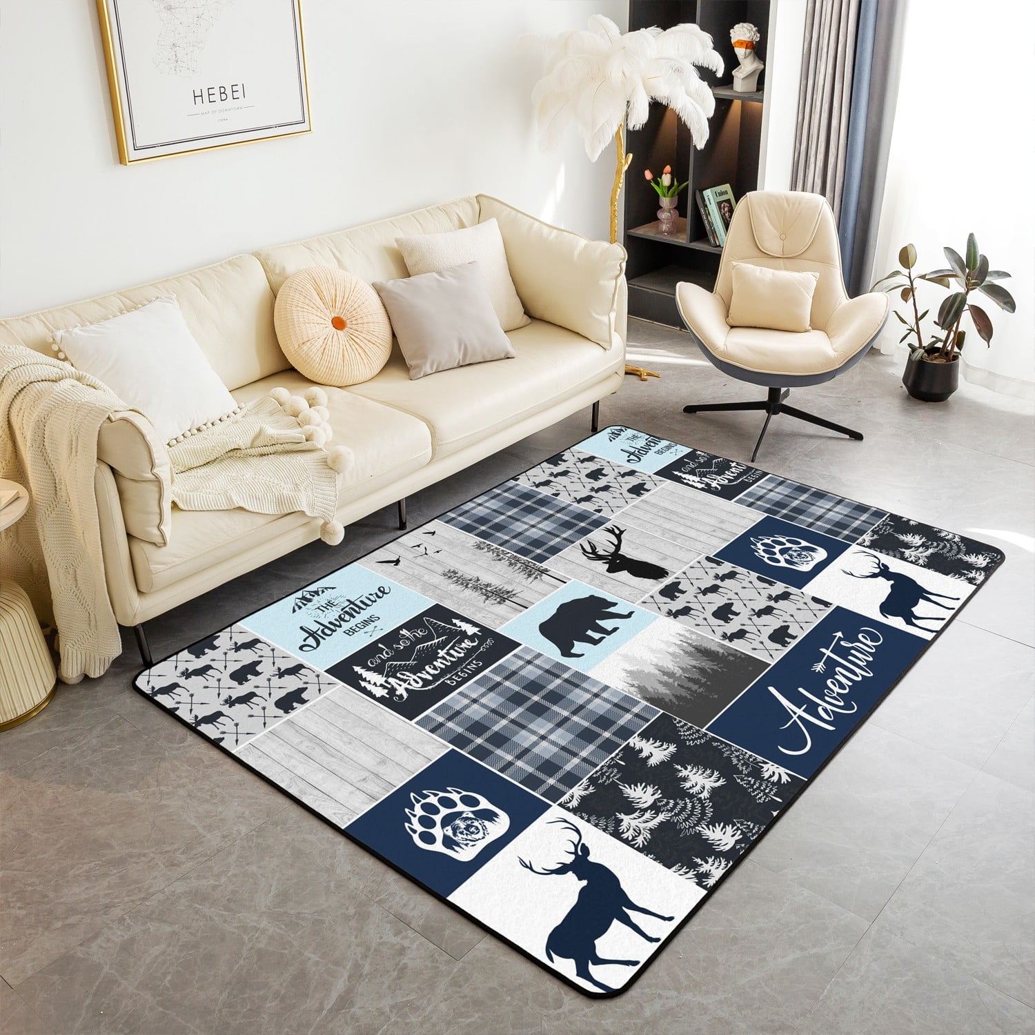 YST Farmhouse Cabin Rug,Rustic Bear Deer Area Rug 5x7 for Bedside,Woodland Country Patchwork